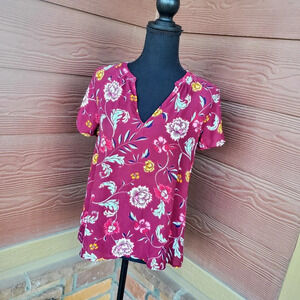 Old Navy Women's Short Sleeve Blouse XS Burgundy Floral Pullover Tunic Top